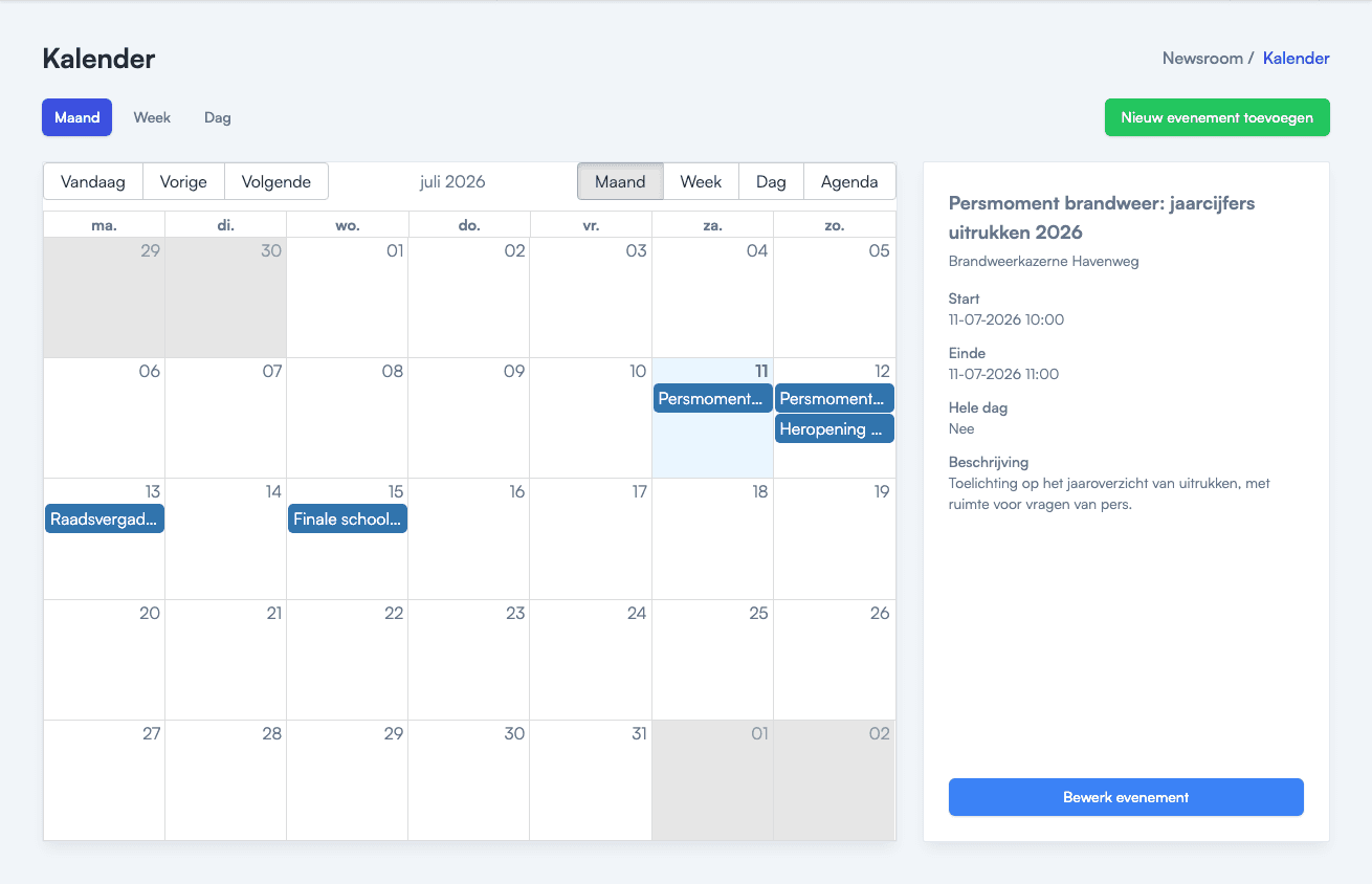 Newsroom: kalender met agenda-items