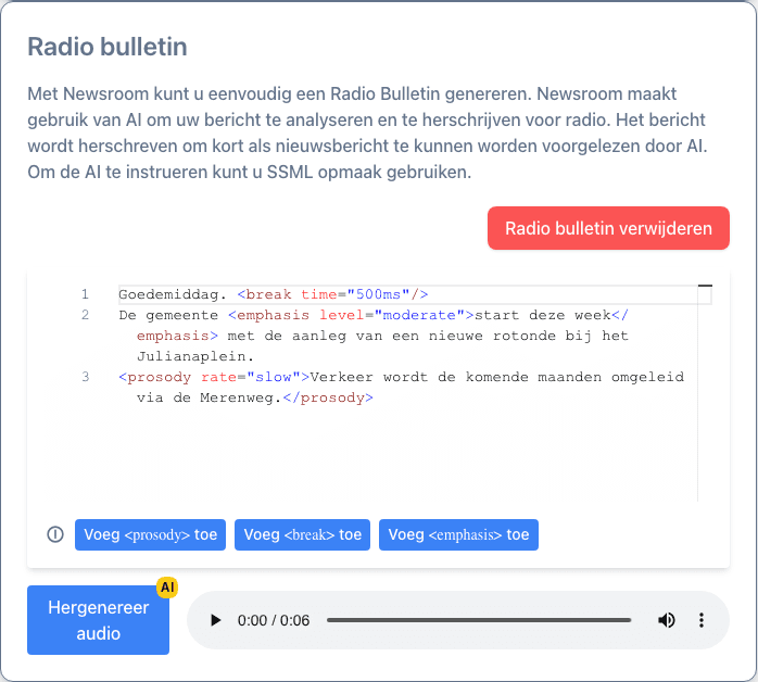 Newsroom: radiobulletin met spraakopmaak en afspeelbare audio